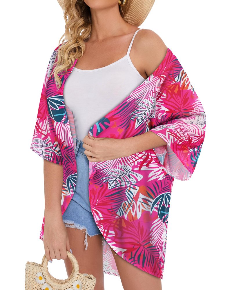 Women's Floral Kimono Print Puff Sleeve Loose Cardigan Cover Up Casual Blouse Tops (Rose Red Leaves, 3XL)