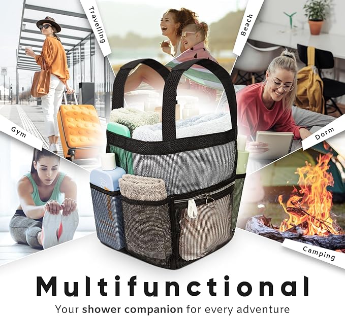 DV Lifestyle Mesh Shower Caddy Dorm, 7 Pockets & 1 with Zipper, Shower Tote with Padded Handles, Travel Portable, Shower Caddy College Room Essentials, Bathroom Shower Bag (Black)