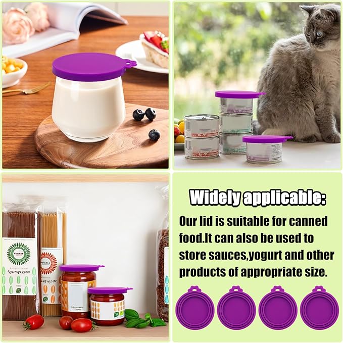 PINE & LINEN 4 Pcs Durable Pet Can Lids,One fit 3 Standard Size Silicone Waterproof Cat Food Cans Lids for 3oz/5.5oz/12.5oz/13.2oz Cat Food Cans（Purple）