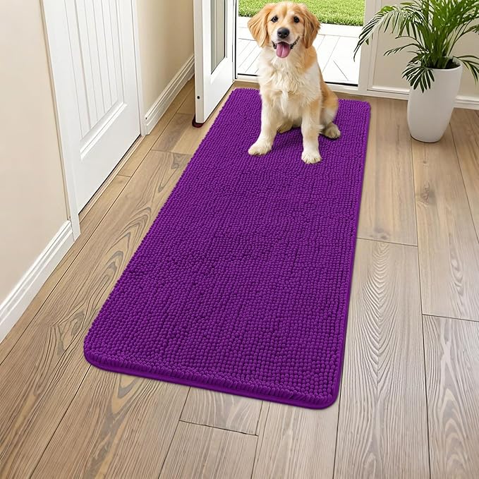 Smiry Dog Door Mat for Muddy Paws 47x24, Absorbs Moisture and Dirt Doormat, Non-Slip Washable Quick Dry Chenille Front Door Mat Indoor Entrance, Entryway Carpet for Inside Floor, Purple