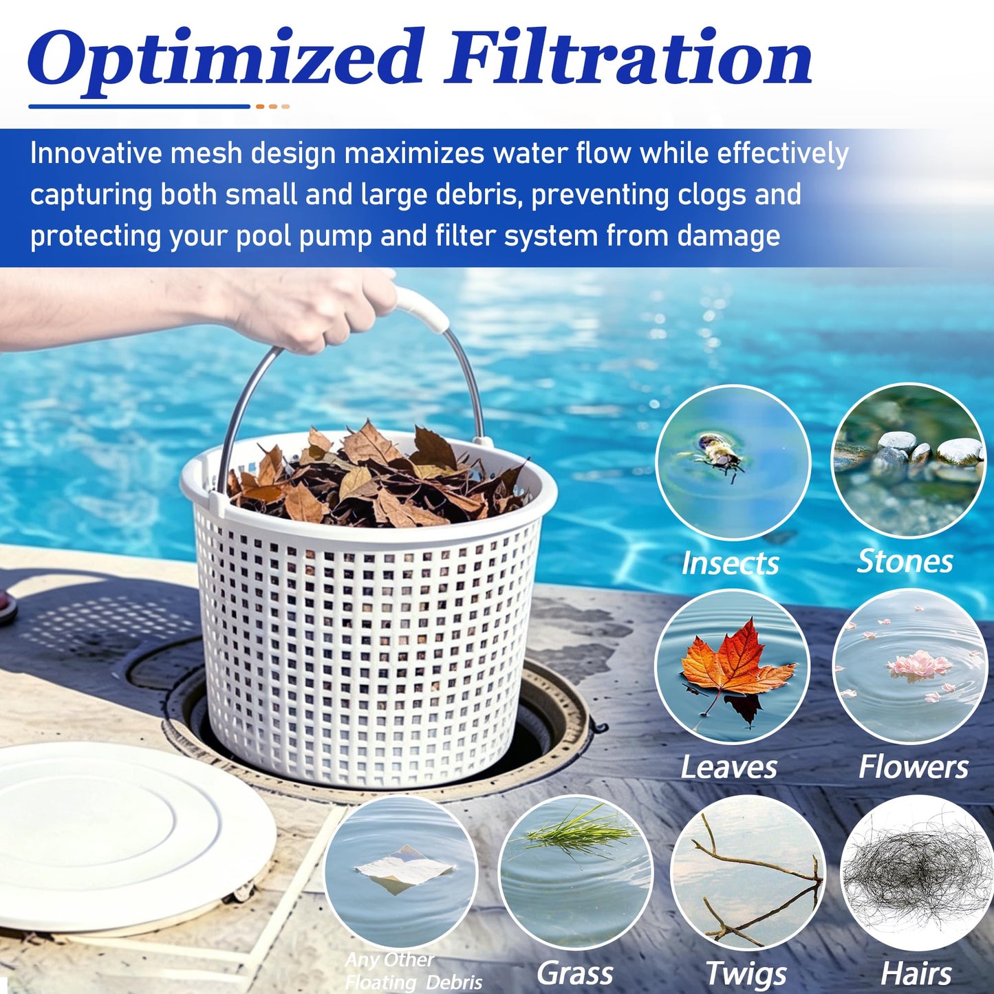 Inground Pool Skimmer Basket for Hayward Skimmer Basket&Pool Filter Baskets SP1082CA Series, Aladdin B-152, Built-in Brass Weight - Anti-Floating Filter Baskets, 316 Stainless Steel Handle Rubber Grip