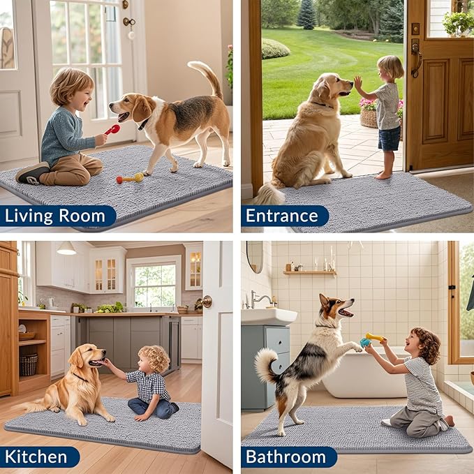 Smiry Dog Door Mat for Muddy Paws 36x24, Absorbs Moisture and Dirt Doormat, Non-Slip Washable Quick Dry Chenille Front Door Mat Indoor Entrance, Entryway Carpet for Inside Floor, Light Grey