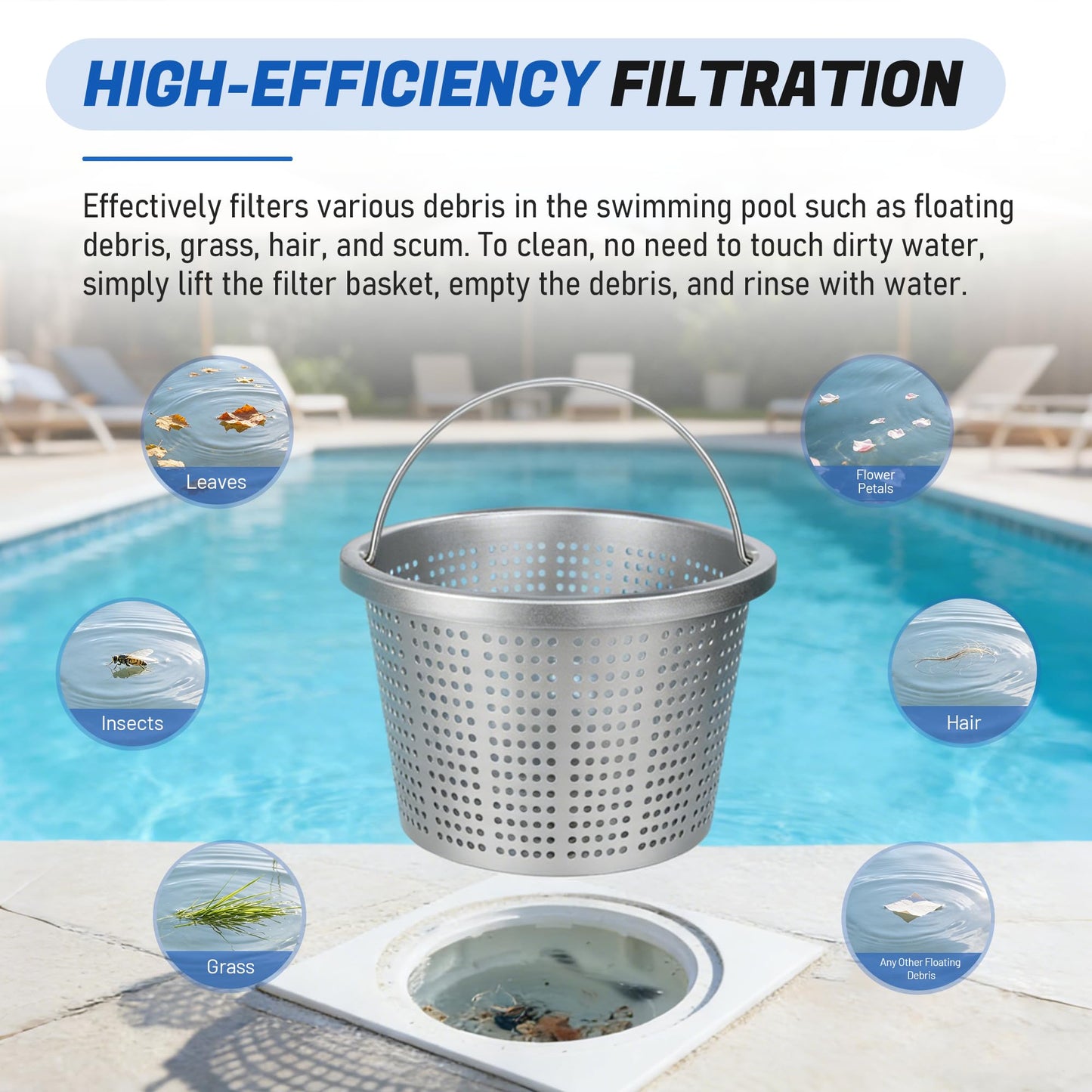 BOUYAO 8" Inground Pool Skimmer Basket - Upgrade Aluminum Strainer Basket with Handle | for Pentair U-3, Hayward SP1070 | Direct Replacement 08650-0007 & SPX1070E Universal Filter Baskets