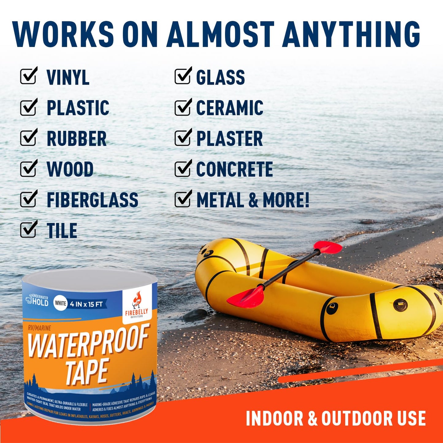 Firebelly Outfitters Heavy Duty Waterproof Tape for Leaks – All-Weather Sealant for Outdoor & Indoor Repairs – Marine Grade, Weatherproof, Strong Adhesive for Pools, Roofs, Plumbing, and More (White)