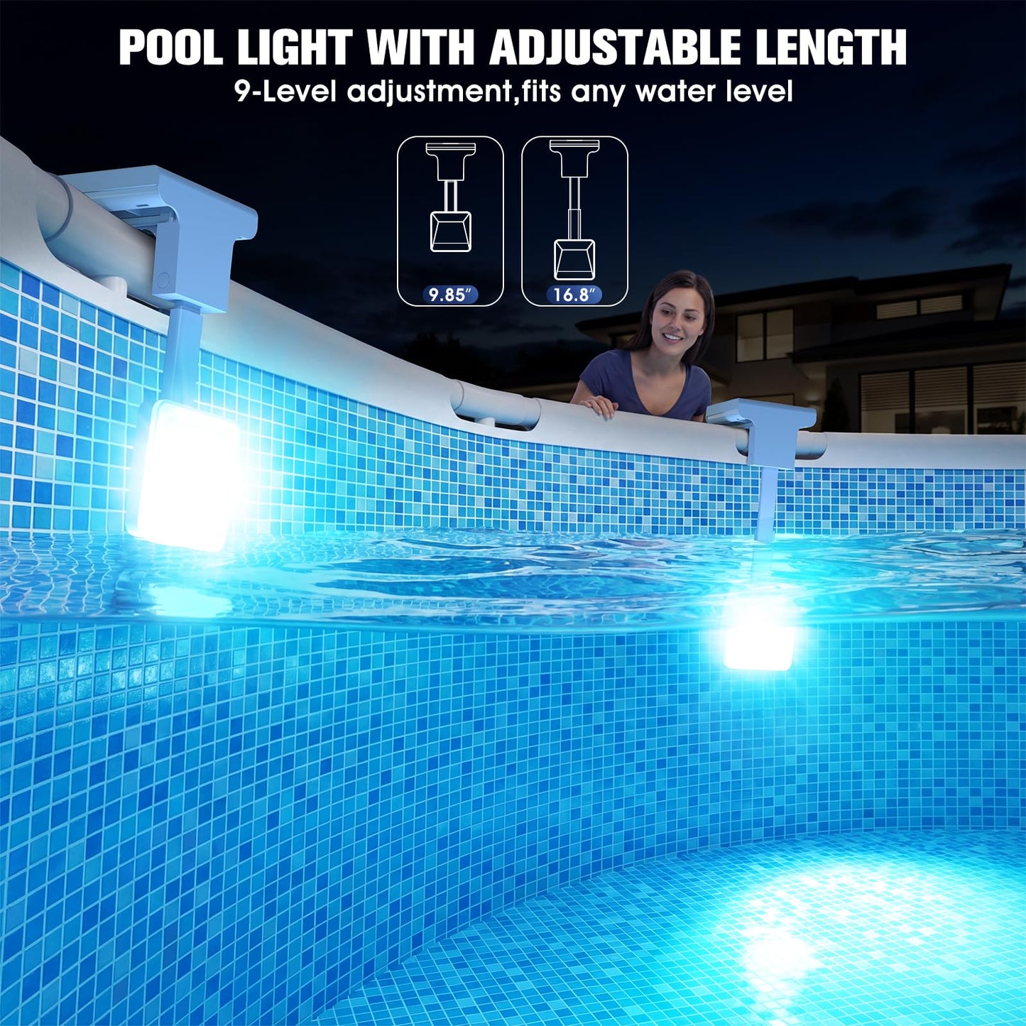 LightHacker Solar Pool Lights for Metal Frame Above Ground Pool, Upgraded Solar Lights w/LCD Pool Thermometer,Underwater Led Lights for Pool Accessories,Swimming Pool Lighting with 10 Light Modes,1PC