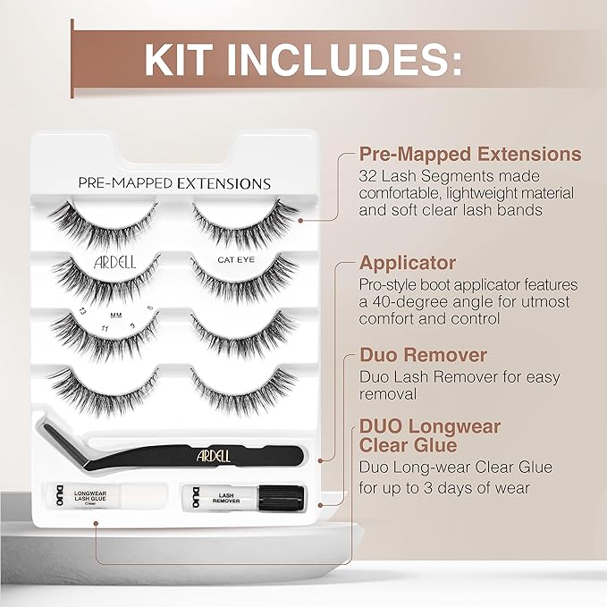 Ardell Pre-Mapped Eyelash Extensions Kit - False Lashes Cat Eye, Reusable Segmented Lash Strips, Long-Lasting with Lash Glue and Remover, 4-Pack