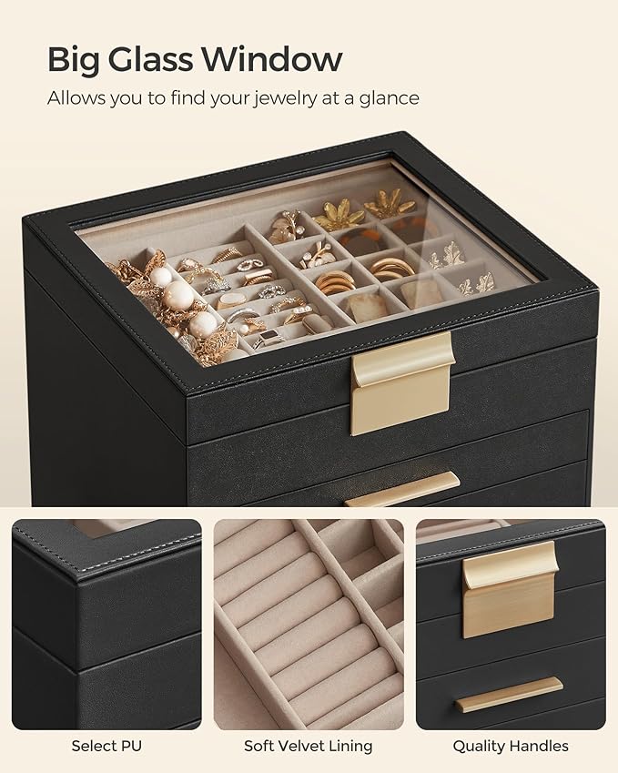 SONGMICS GISELLA Collection - Jewelry Box Organizer, 6-Layer Jewelry Storage with 5 Drawers, Shiny Metal Hardware, Glass Lid, Modern, 8 x 9.1 x 9 Inches, Ink Black and Gold Color UJBC176B01