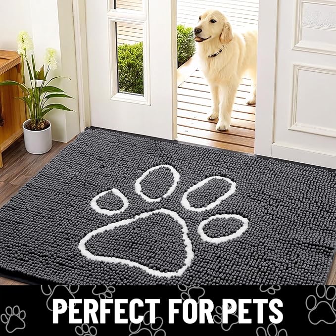 Smiry Dog Door Mat for Muddy Paws, Absorbent Dirt Trapper Non Slip Quick Dry Washable Chenille Mat for Mud Dogs, Entry Rug for Indoor and Outdoor (40x24 Inches, Dark Grey and White)