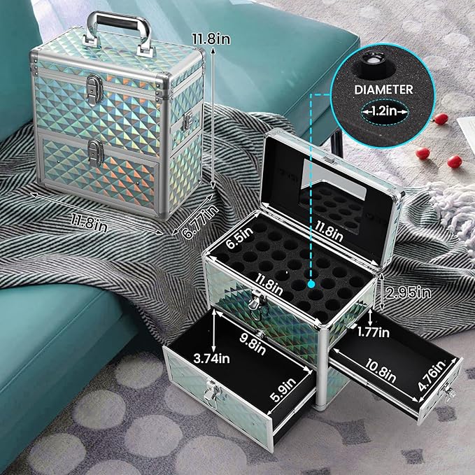 FRENESSA Extra Large Makeup Organizer Case Cosmetic Box Storage with Drawer Mirror Nail Manicure Accessory Organizer With Dividers Travel Nail Art Case for Makeup Artist Nail Tech Case Watery Blue