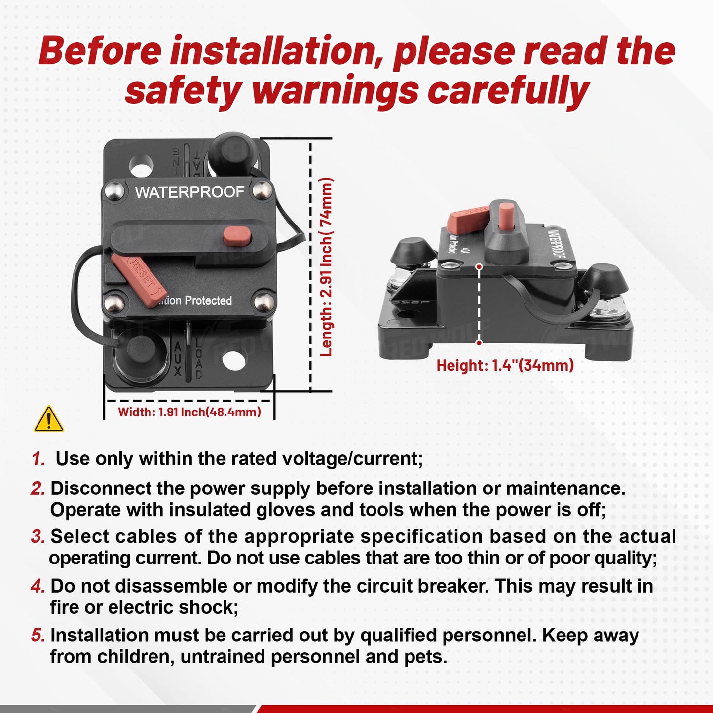 RED WOLF 60Amp Circuit Breaker for Boat Trolling Motor Marine ATV Trailer Vehicles Stereo Audio Electronic Battery Solar System Inline Fuse with Manual Reset Switch Waterproof DC 12V-48V