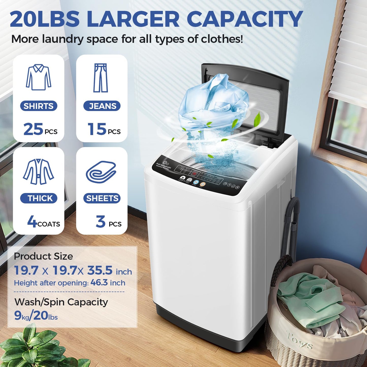 Nictemaw Portable Washing Machine 20Lbs Portable Washer Machine with 10 Programs 8 Water Levels, 2.8 Cu.ft Washer and Dryer Combo with Drain Pump, Compact Laundry Machine for Apartments- Glass Cover
