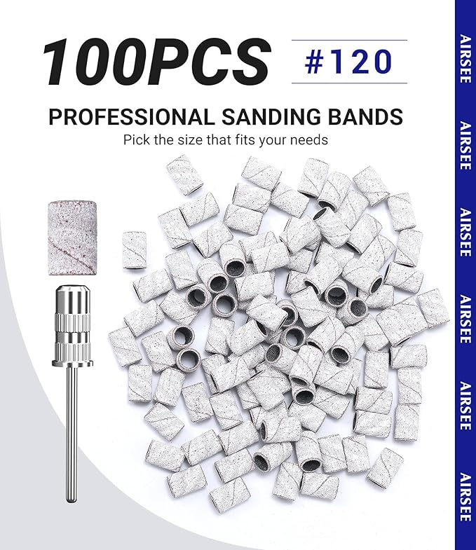 AIRSEE Sanding Bands for Electric Nail Drill 100 Piece Set 120 Grit Coarse Acrylic File Attachments Professional 1 Sander Mandrel Bit Beauty Salon Accessories Manicure and Pedicure Finger Callus Zebra