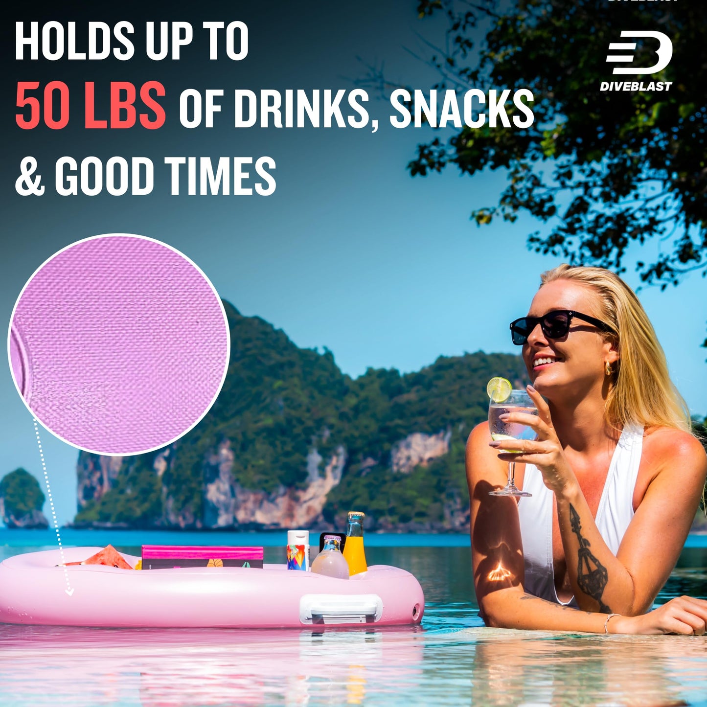 DIVEBLAST: Pink Floating Table for Pool - Hot Tub Accessories for Adults - Holds Up to 50 LBS - Pool Stuff for Mom, Cool and Unique Drink Floaties