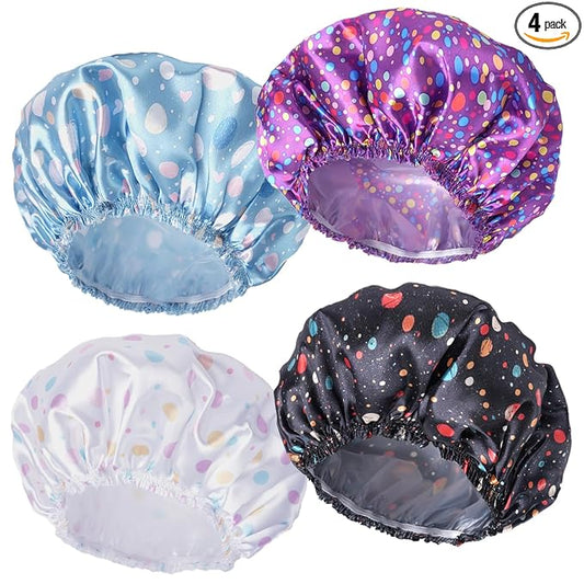 Shower Caps for Women, 4 PCS Elastic and Reusable Bath Caps, Double Layers Shower Cap Reusable Waterproof, Bathing Shower Caps, Environmental Bath Hair Protection Cap - Polka Dots
