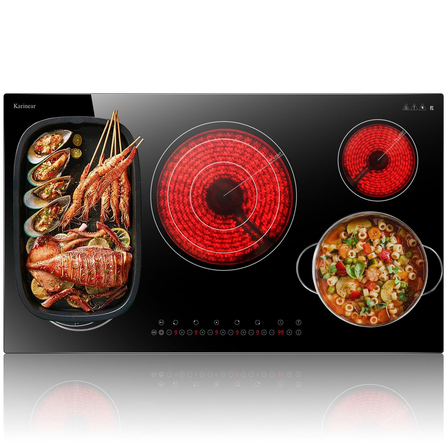 Karinear 36 Inch Electric Cooktop, Flexible Bridge &Triple Ring Expandable Burners, Pause, Timer, Child Safety Lock, 9600W Built-in Ceramic Cooktop