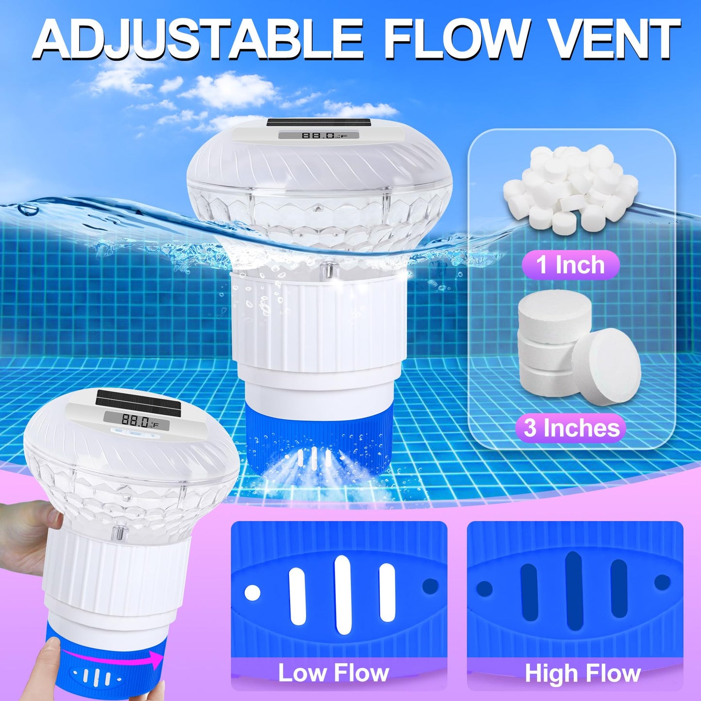 FineBud2025 Upgrade Pool Chlorine Floater with Thermometer,Digital Screen Floating Chlorine Dispenser for Pool,Solar pool Chlorines floater with Light,Button Control chlorine floaters with Thermometer