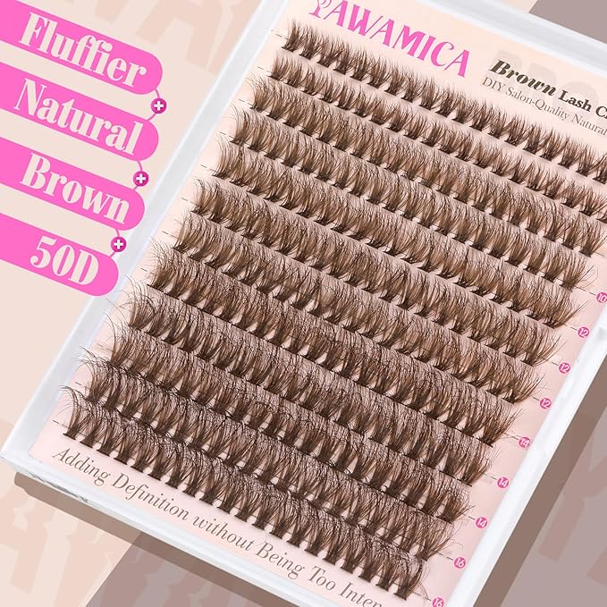 Yawamica Brown Lash Clusters Kit Fluffy Lash Extension Kit 10-16mm Wispy Eyelash Clusters D Curly Cluster Eyelash Extensions 50D Individual DIY Lashes Kit with Waterproof Bond and Seal Lash Tweezers