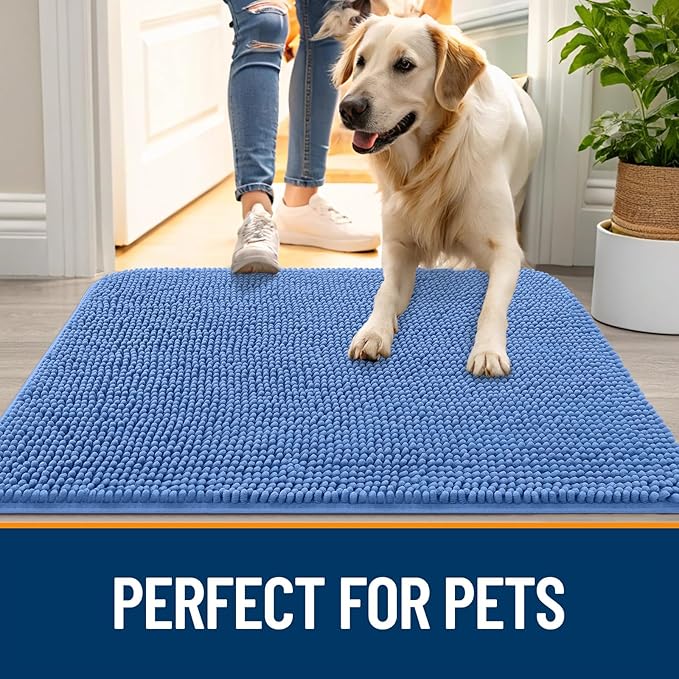 OLANLY Dog Door Mat for Muddy Paws 44x24, Absorbs Moisture and Dirt, Absorbent Non-Slip Washable Doormat, Quick Dry Chenille Mud Mat, Entry Indoor Entryway Carpet for Inside Floor, Cornflower Blue