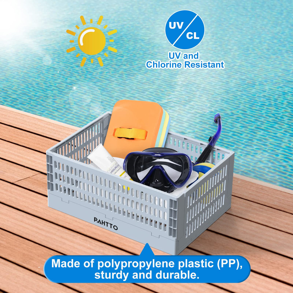 PAHTTO Poolside Storage Basket, Foldable Above Ground Pool Storage Basket for Pool Toys, Towels, Beverages, Poolside Organizer, Pool Accessories for Above Ground Swimming Pool (1 Pack- Gray)