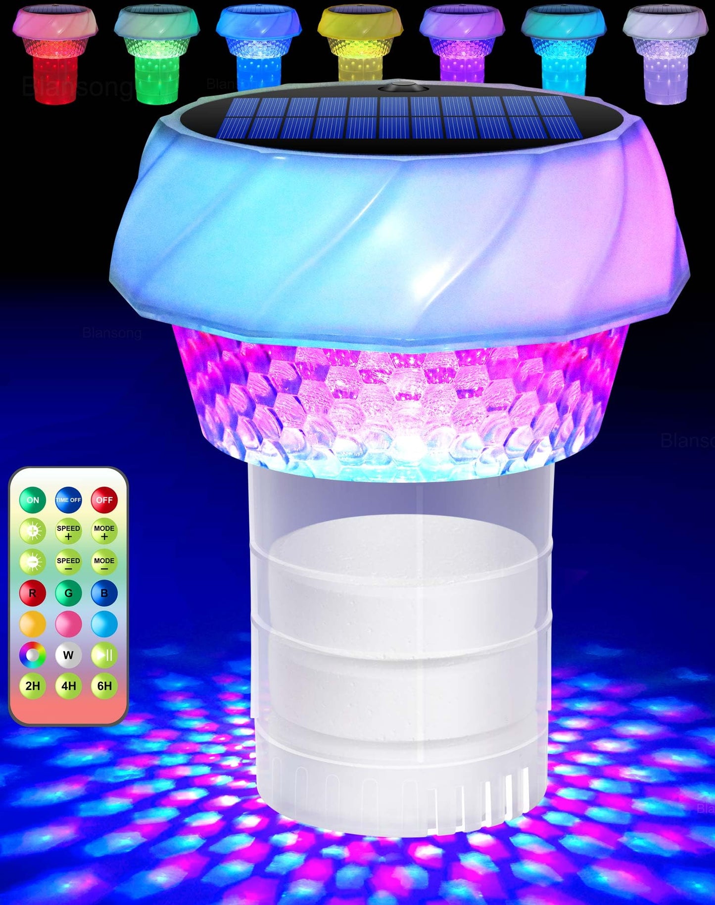 Blansong Solar Pool Chlorine Floater Adjustable Release Swimming Pool Chlorine Tablet Floater with Color Changing Floating Dispenser with Romote Control and Timer IP68 Waterproof