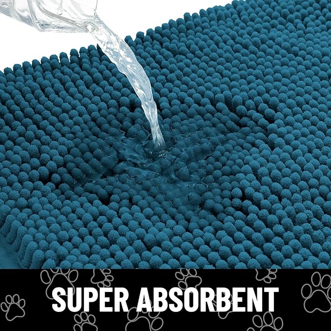 Smiry Dog Door Mat for Muddy Paws, Absorbent Dirt Trapper Non Slip Quick Dry Washable Chenille Mat for Mud Dogs, Entry Rug for Indoor and Outdoor (24x16 Inches, Atlantic Blue and White)