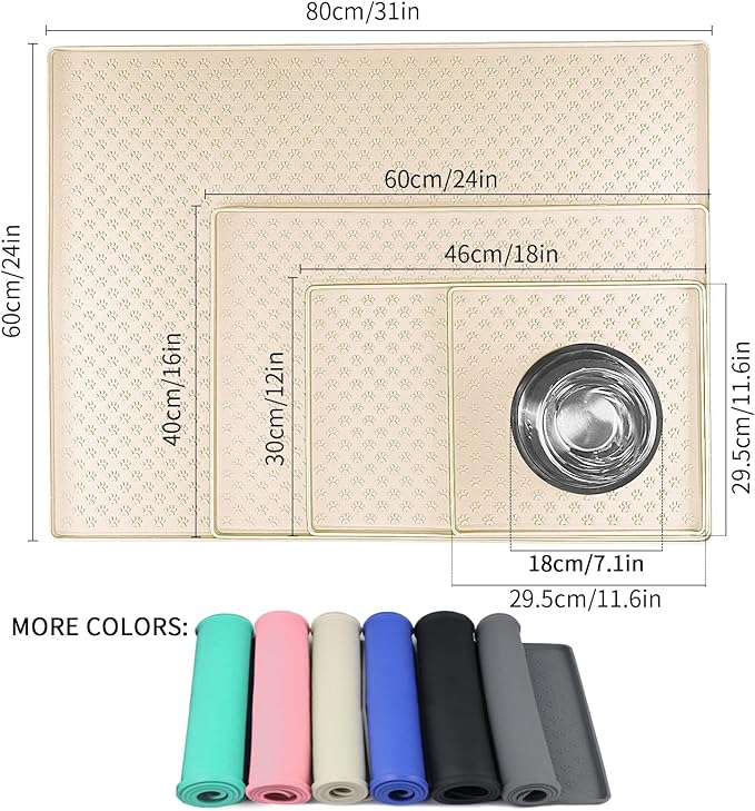 Ptlom Silicone Pet Placemat for Dog and Cat, Waterproof Non-Slip Pet Feeding Bowl Mats for Food and Water, Small Medium Large Tray Mat Prevent Residues from Spilling to Floor, Beige, 18" 12"