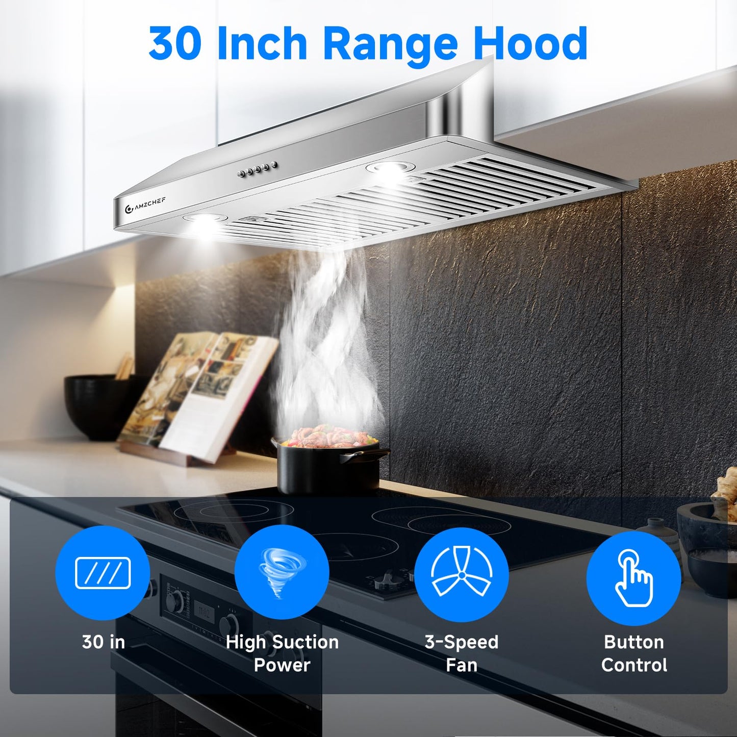 AMZCHEF Under Cabinet Range Hood 30 Inch, 750CFM Stainless Steel Kitchen Stove Vent Hood 3 Speed Exhaust Fan Button Control LED lights Dishwasher-Safe Baffle Filters Three Outlet Design