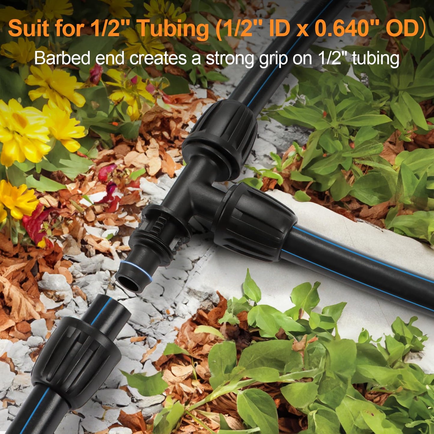 Copadri 21 Pieces1/2 Inch Drip Irrigation Fittings Kit, 1/2'' Drip Line Barbed Locked Connectors for 1/2 Inch Irrigation Tubing (1/2" ID x 0.650" OD) Coupling Tee Elbow Plug Valve Faucet Adapter