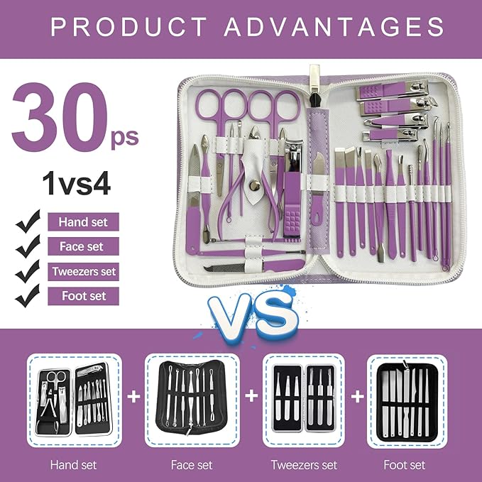 Manicure Set 30 in 1 Nail Clippers Set,Nail Manicure Kit for Women,RedFlow Toenail Clippers,Pedicure Kit,Pedicure Tools,Suitable for Travel Manicure Tools (Purple)