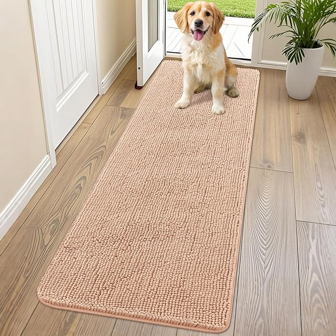 Smiry Dog Door Mat for Muddy Paws 70x24, Absorbs Moisture and Dirt Doormat, Non-Slip Washable Quick Dry Chenille Front Door Mat Indoor Entrance, Entryway Carpet for Inside Floor, Peach