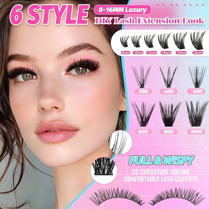 Lash Clusters 708PCS Cluster Eyelash Extensions 10-16MM Wispy Lashes Clusters 30+40+50+60+80+100D Eyelash Clusters Mix Daily Look Fake Eyelashes Extension