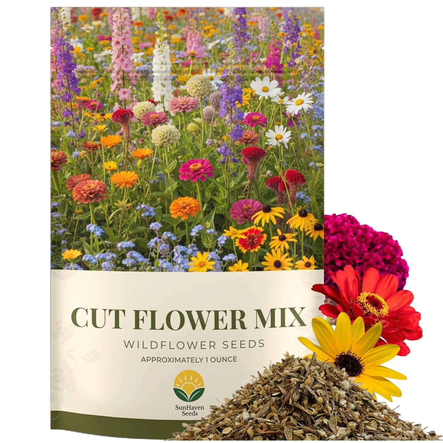 SunHaven Seeds Cut Flower Garden Seed Mix â 15,000+ Seeds â 1 oz Extra Large Packet â Non-GMO Flower Seeds â Zinnia, Cosmos, Larkspur, Calendula, Bishopâs Flower & More for Bouquets & Cutting Gardens