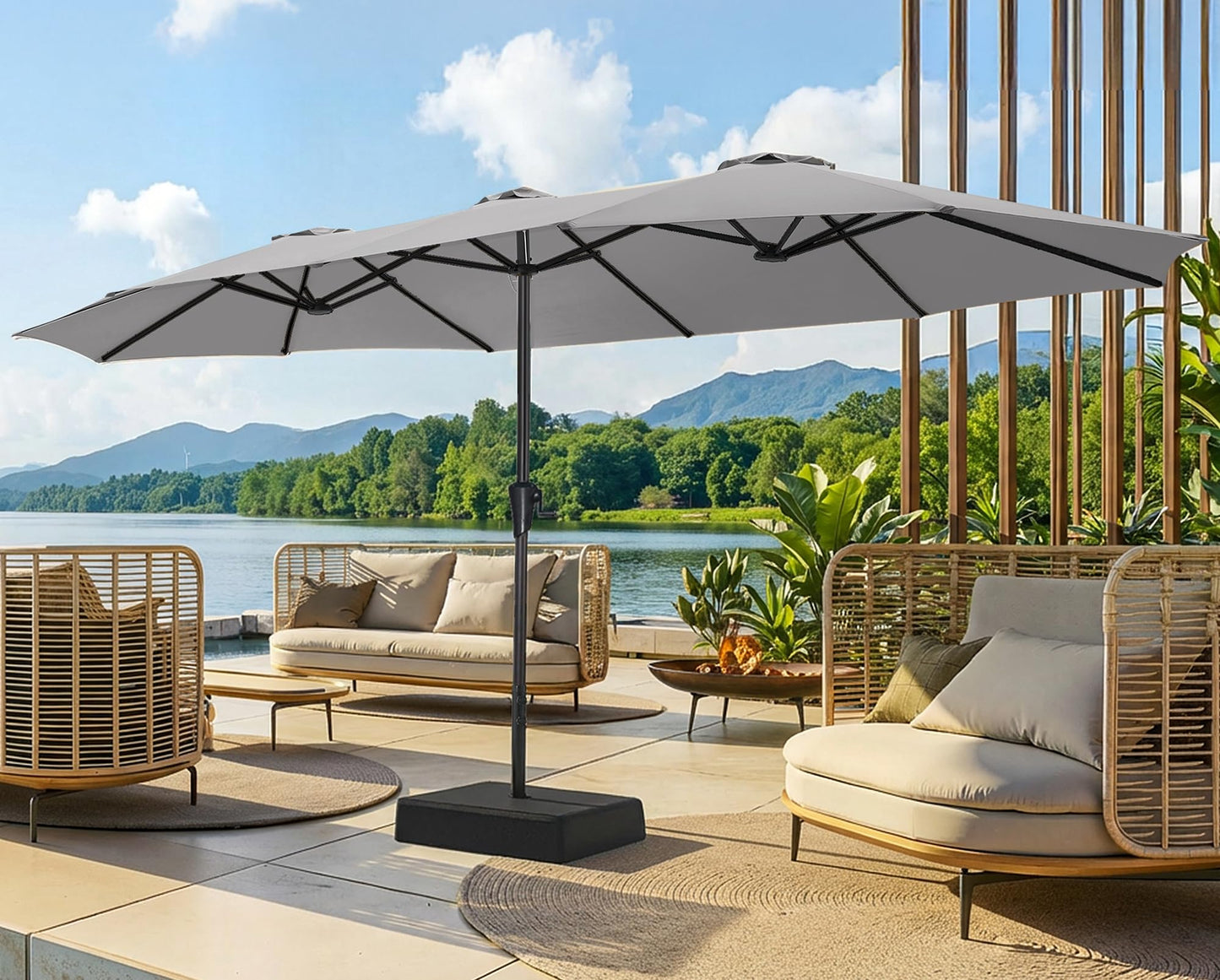 SUPERJARE 15FT Outdoor Patio Umbrella with Base Included, Double Sided Pool Umbrellas with Fade Resistant Canopy, Extra-Large Table Umbrella for Deck, Market, Backyard, Gray