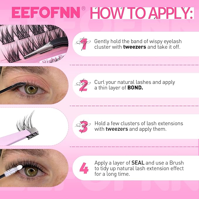 Lash Clusters Kit Wispy Cluster Eyelash Extensions Kit Natural Eyelash Clusters with Lash Bond and Seal Waterproof Tweezers 11-16mm C-Curly Individual Lashes 120pcs DIY Lash Extension Kit by Eefofnn