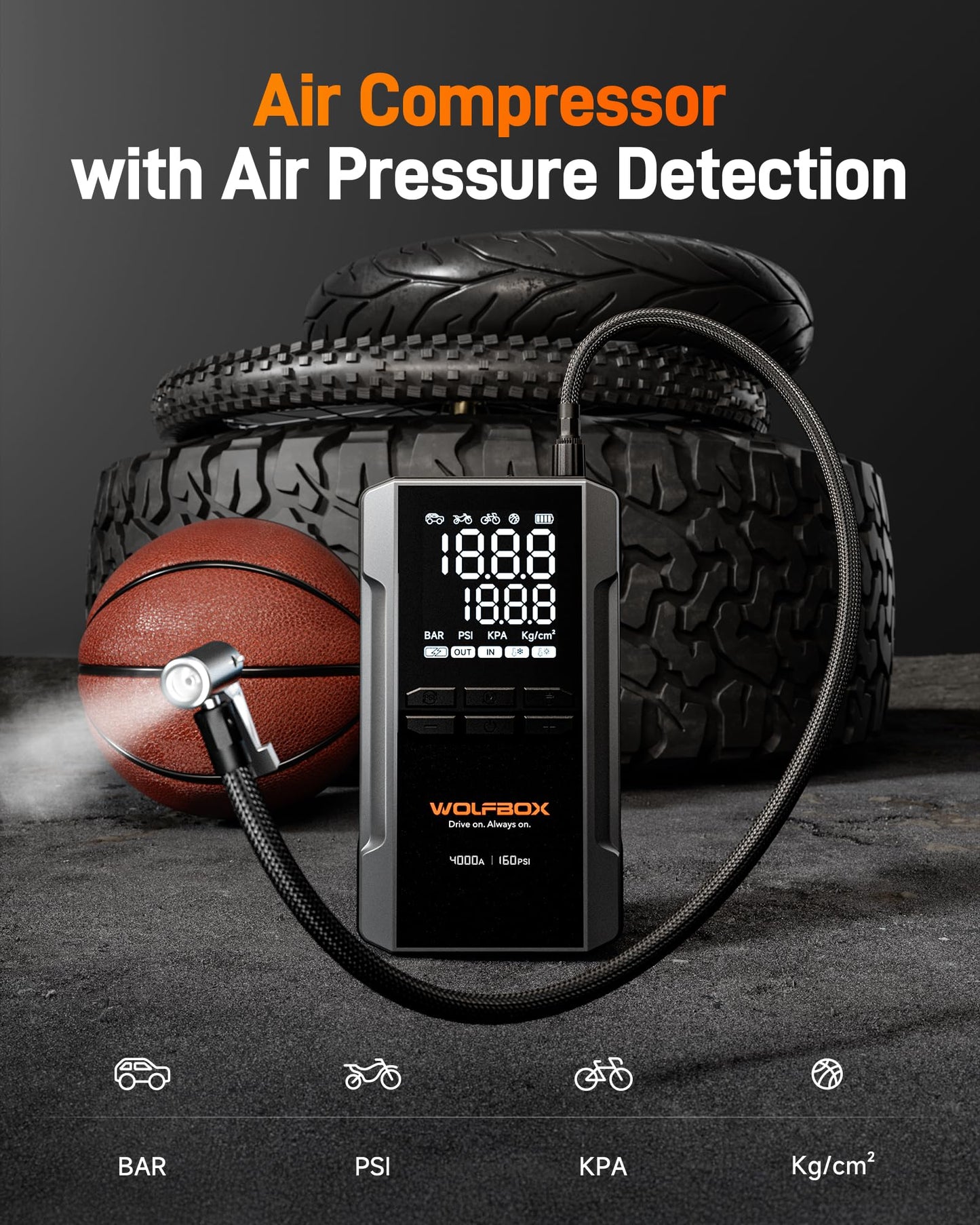 WOLFBOX 4000A Jump Starter with 160PSI Air Compressor, 12V Car Battery Booster, 88.8Wh Portable Jump Box (10.0 Gas/10.0L Diesel) with 65W Fast Charging, Tire Inflator, Jumper Cables, and LED Light