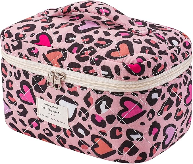 uekeboag Large Travel Quilted Makeup Bag for Women, Floral Cotton Cosmetic Bag, Coquette Aesthetic Floral Toiletry Organizer Bag