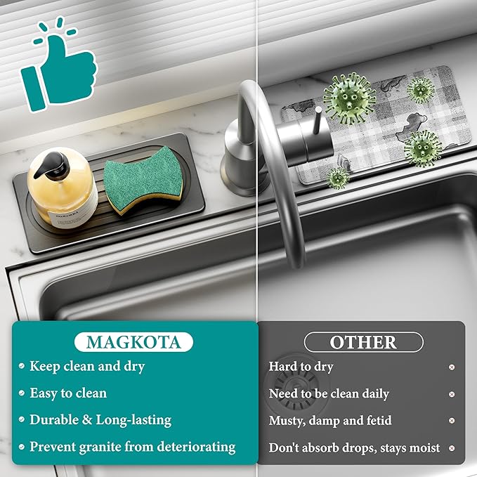 Water Absorbing Stone Tray for Sink, Quick Drying Diatomite Bathroom Tray Countertop, Stone Drying Mat for Kitchen Counter Faucet, Soap Dish Dispenser Vanity Organizer, Dark Grey-B-8.3" x 4"