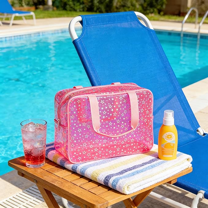 Clear Star Large Cosmetic Bag and Travel Pouch with Handle,Durable Material,Zipper Design-Ideal for Makeup,Travel Essentials (Pink+Shiny Star)