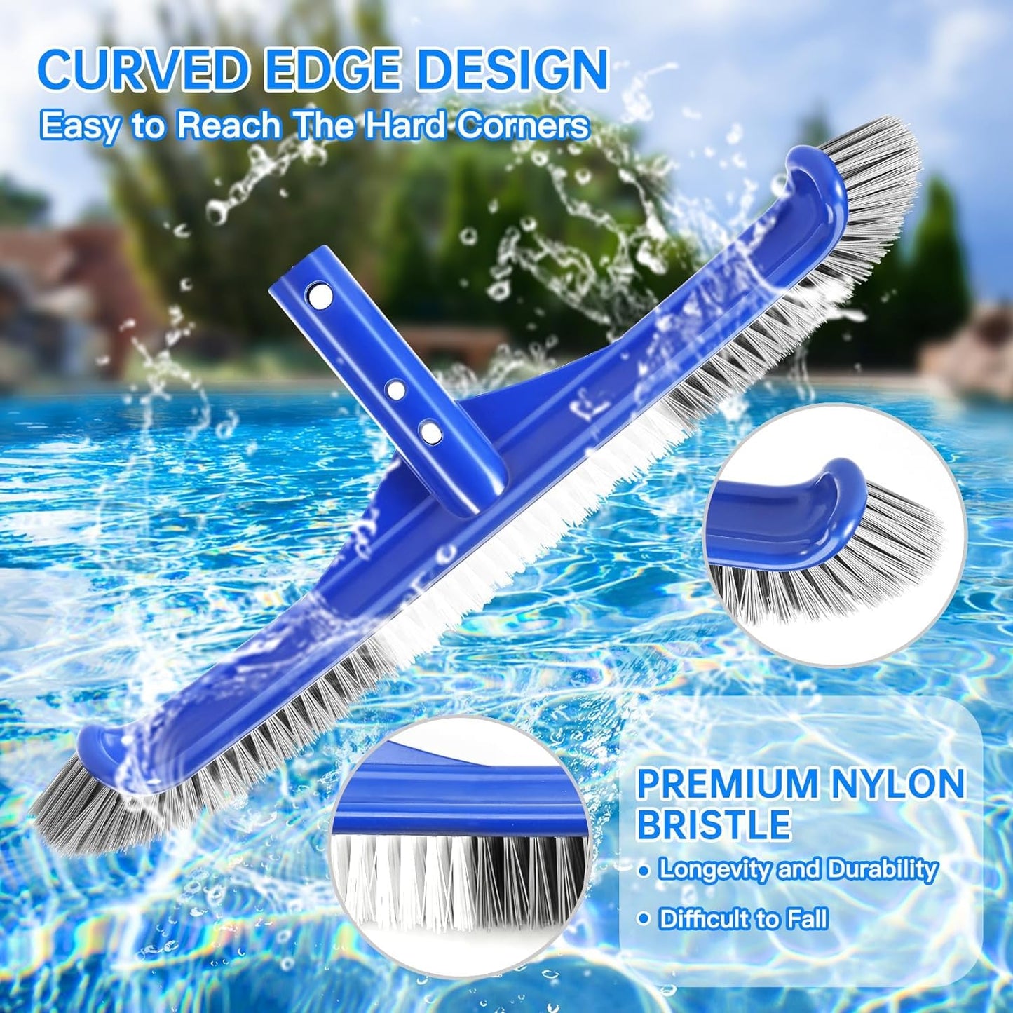 Pool Brush Head & Fine Mesh Pool Skimmer Kit，17" Pool Brushes for Cleaning Pool Wall， Reinforced Frame Pool Net Leaf Skimmer Cleaning Tool with Deep Fine Nylon Mesh Net Bag for Fast Cleaning