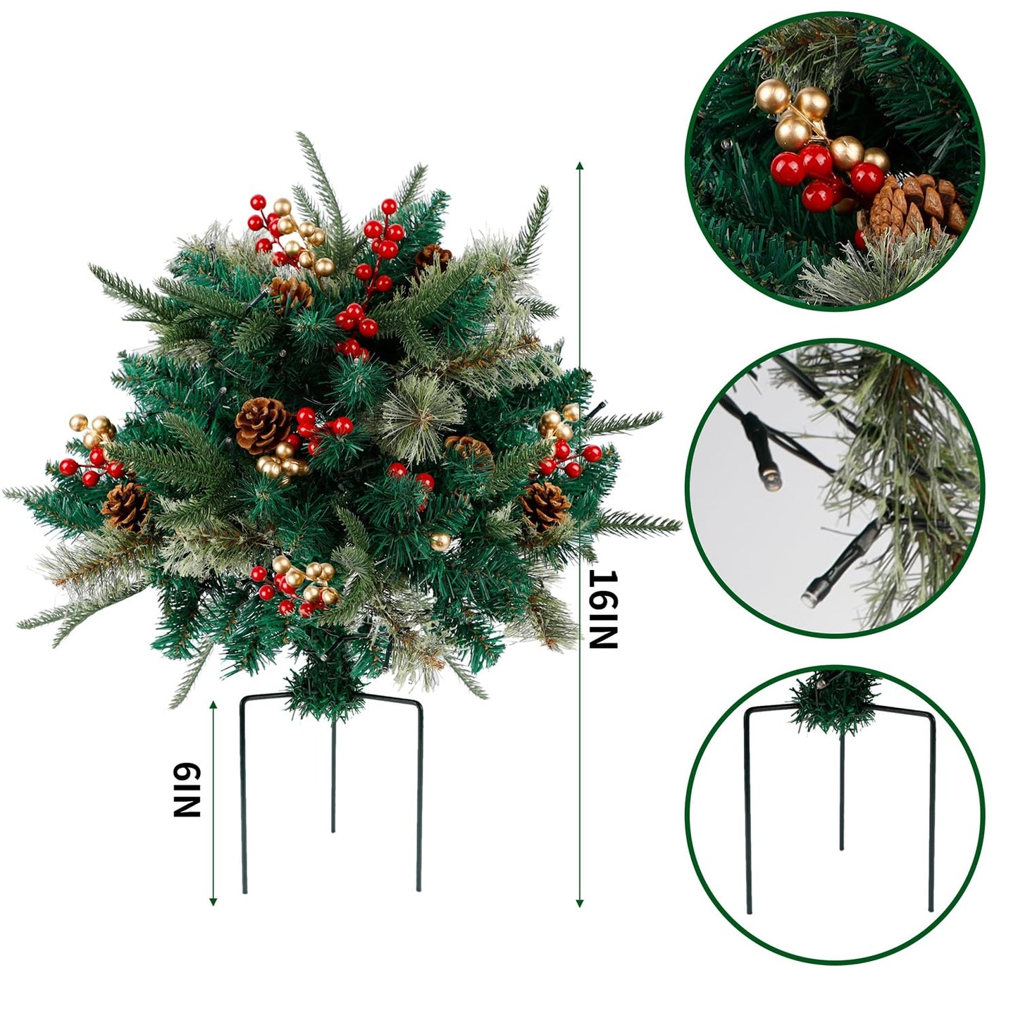 Glintoper Lighted Artificial Christmas Urn Filler, Pre-lit Xmas Pine Trees with Cones, Golden & Red Berries, Tripod Stake and 60 LED Lights, Outdoor Light Up Planter Filler Holiday Home Decor, 2 Pack
