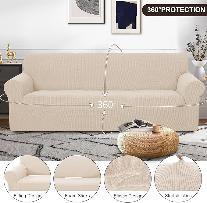 U-NICE HOME 4 Seater Stretch Couch Cover Sofa Cover Washable Sofa Slipcover Furniture Protector for 3 Cushion Couch Sofa Pet Friendly, Beige