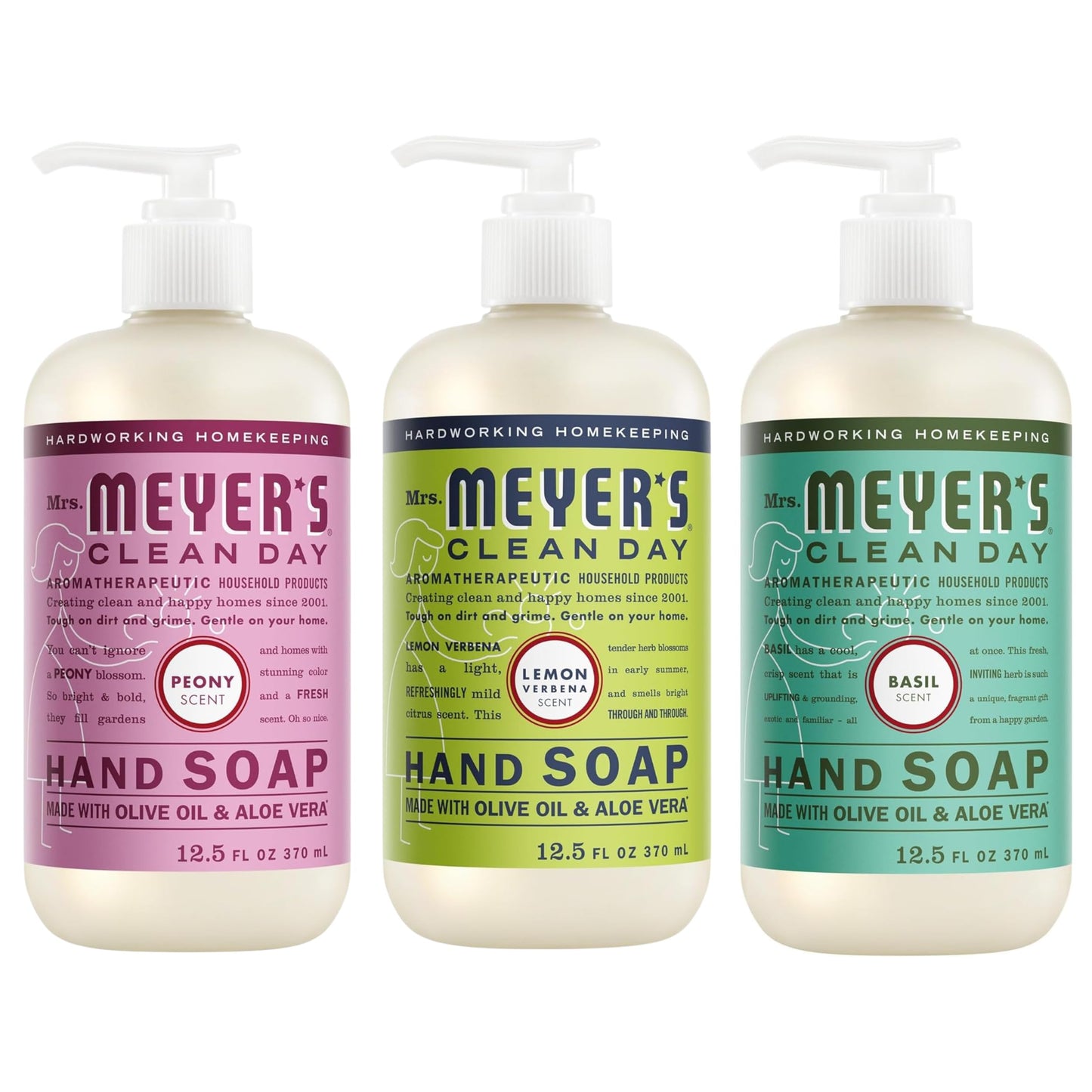 Mrs. MEYER'S CLEAN DAY Liquid Hand Soap Variety Pack 12.5 OZ Each, 3 Count (Lemon Verbena + Basil + Peony)