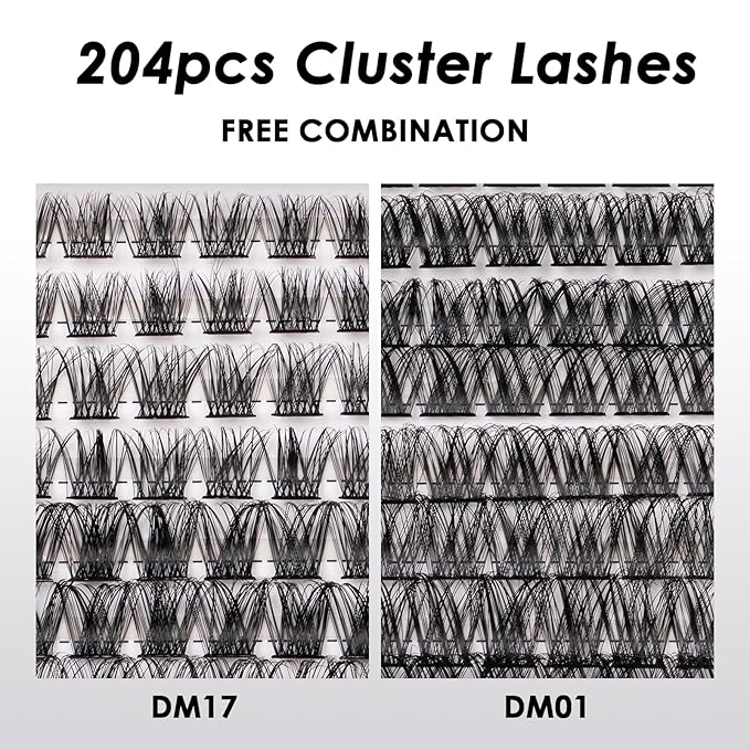 Lash Clusters 204 Pcs Individual Lashes Clusters Eyelash Extensions False Eyelashes DIY Lash Extension Kit Reusable False Eyelashes Natural Look Mix 10-16mm(DM01+DM17)