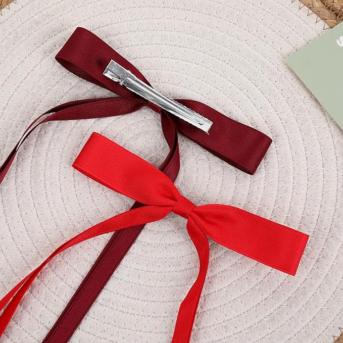 Hair Bows Clips Coquette Ribbon Bowknot with Long Tail Princess Hair Bows French Barrettes Hair Accessories for Women Girls 16PCS (Red, Rose red, Wine red, Pink)