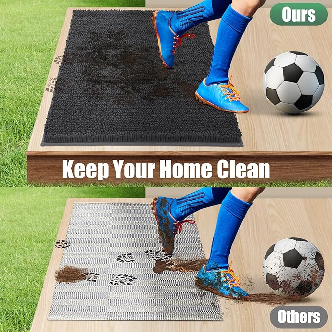 IM HOME 2 Pieces Chenille Absorbent Outdoor Doormat 30" x 20", Washable Muddy Door Mats for Dog Non Slip Indoor Doormats Dog Mat for Muddy Paw Front Inside Doormat for Entryway Dark Grey
