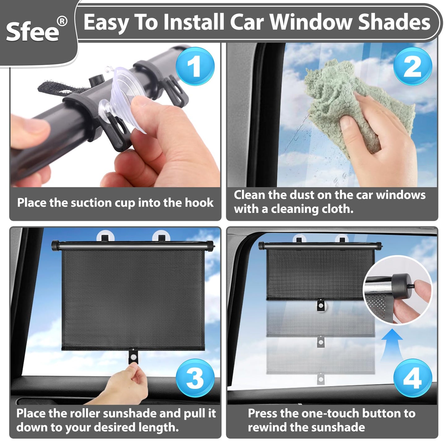 Sfee Car Window Shades for Baby-2 Pack Retractable Side Window Car Sun Shade Blocks UV Rays & Heat for Sun Protection Roller Sunshade Visor Window Shade for Kids,Passengers,Pets (20''x22'')