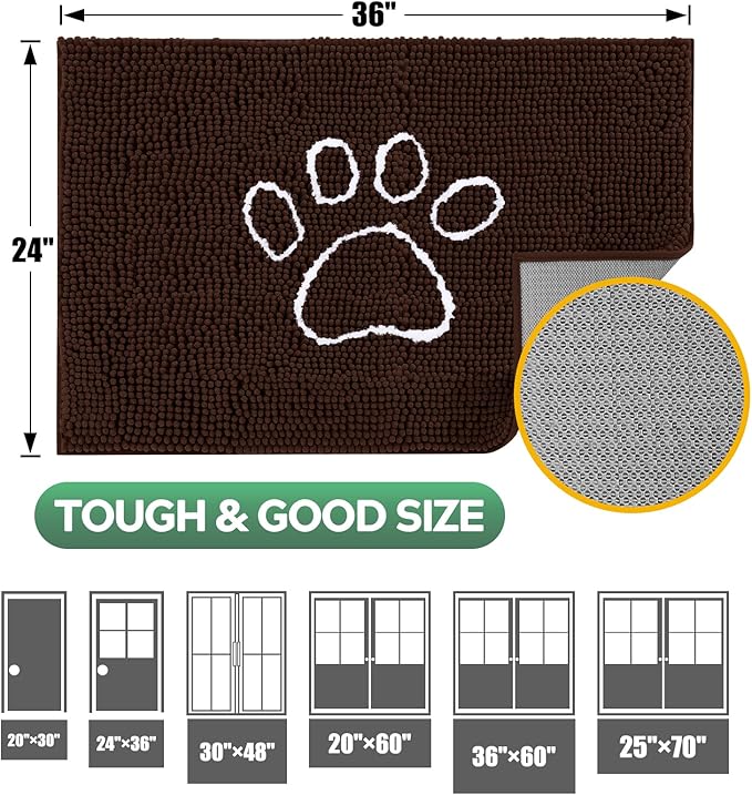 Dog Door Mat for Muddy Paws, Pet Rug Chenille Absorbent Outdoor Doormat 36"x 24", Non Slip Heavy Indoor Doormat Soft Front Inside Doormats for Entryway, Mud Paws, Patio,Dog Paw Brown