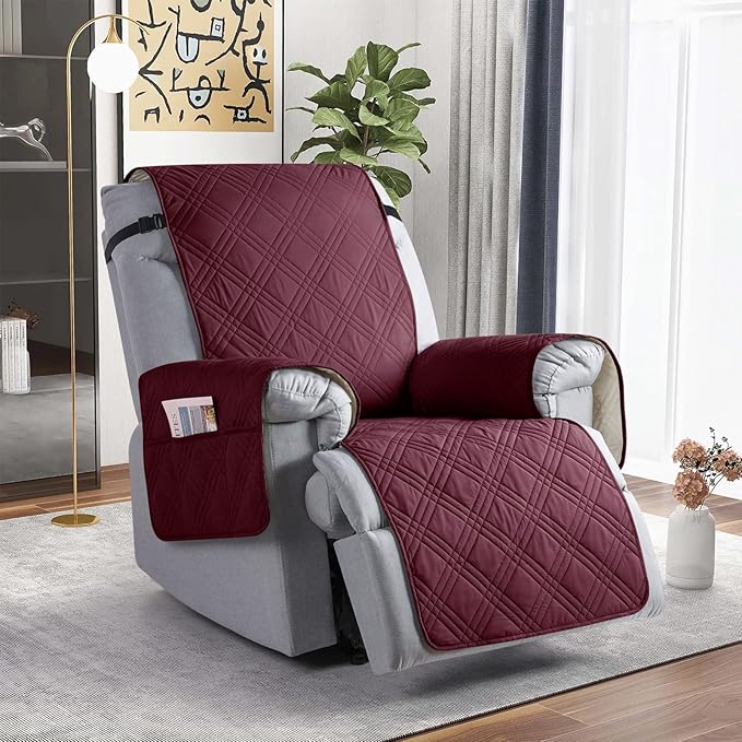 TAOCOCO Waterproof Recliner Chair Covers 30 Inch Wide, Oversized Recliner Covers for Recliner Chair with Pocket, Recliner Slipcovers with Straps Furniture Protector for Kids Pets (30'', Wine)