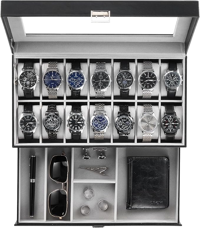 ProCase Watch Box, 14 Slot Mens Watch Case With Drawer, 2-Layer Watch Display Case With Glass Lid, Mens Jewelry Box Storage Holder Organizer, Birthday Valentine Gifts for Men -14Slot, Black