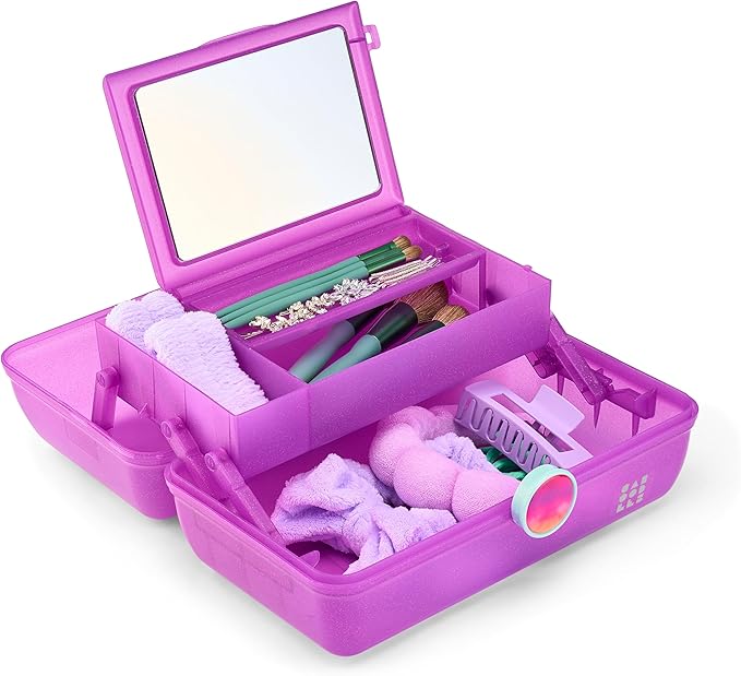 Caboodles On-The-Go Girl Makeup Box, Purple Sparkle, Show Girl Collection, Hard Plastic Makeup Organizer Box, Built-In Mirror, Secure Latch for Safe Travel, Spacious Storage for Large Items